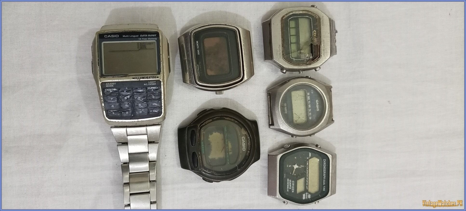 6 Watches Lot Casio Calculator Casiotron, Seiko Digital LCD, Citizen Ana-Digi Quartz - PK00020 - vintagewatches.pk